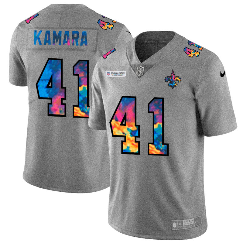 NFL New Orleans Saints #41 Alvin Kamara Men Nike MultiColor 2020  Crucial Catch  Jersey Grey
